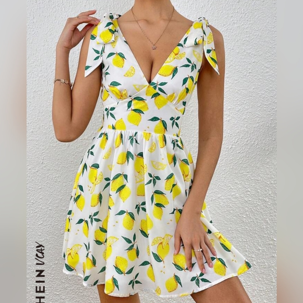 🍋Lemon Print SHEIN VCAY Tie Shoulder Dress - Picture 1 of 10